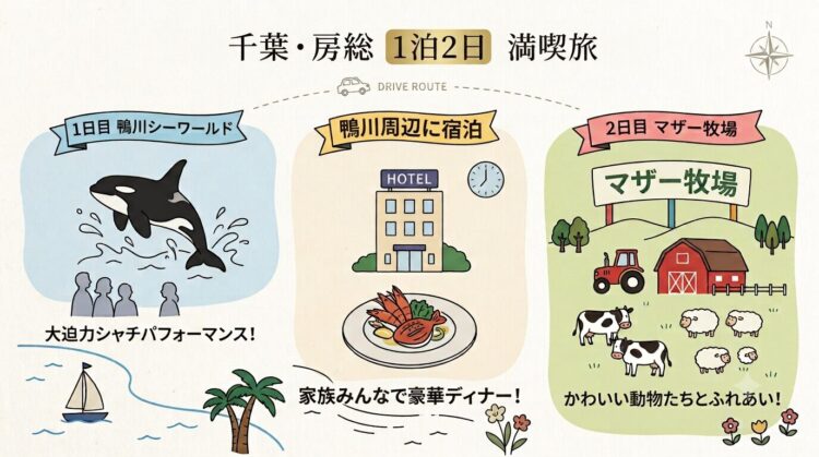 鴨川シーワールド マザー牧場 1泊2日